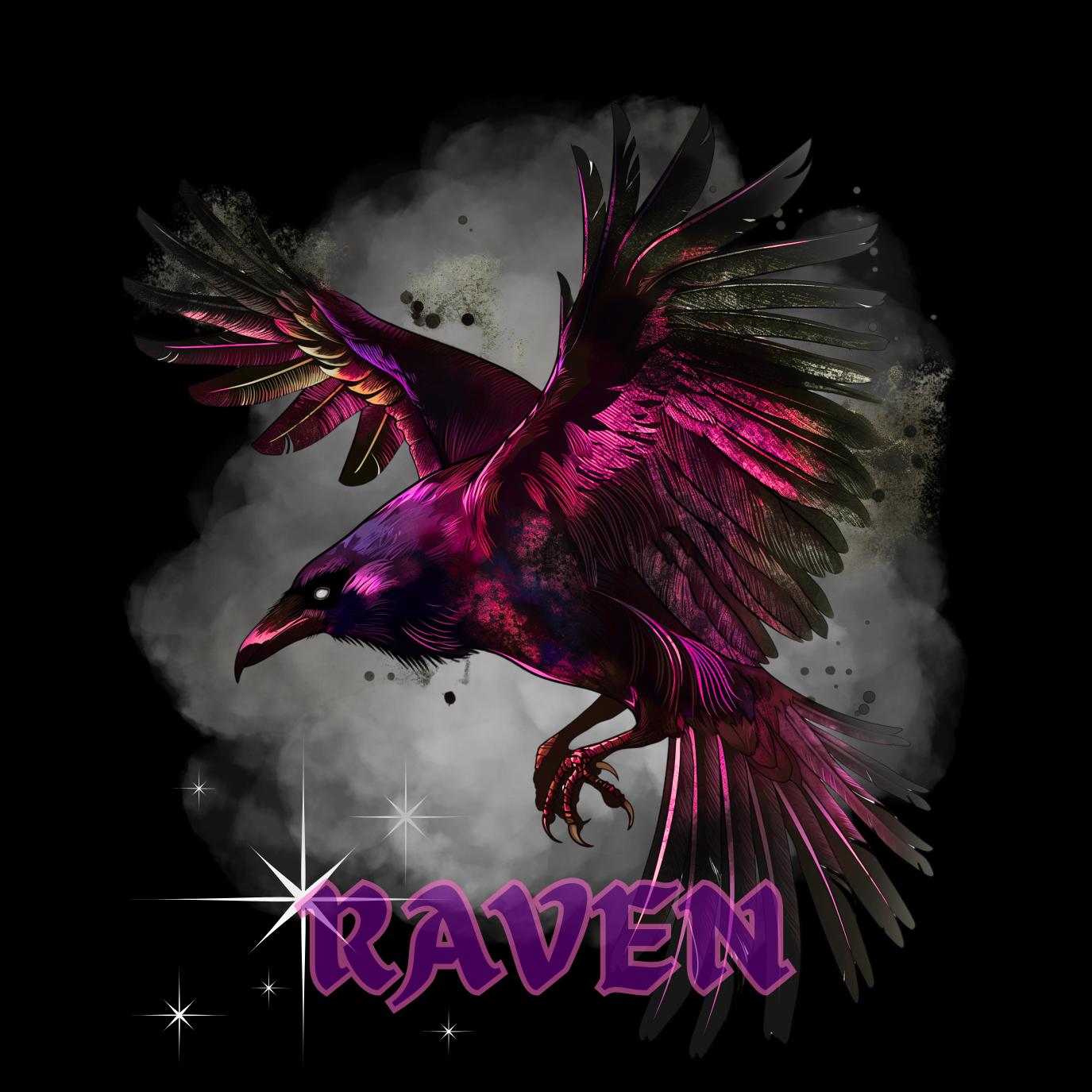 Colorful raven illustration with 'RAVEN' text on a dark background