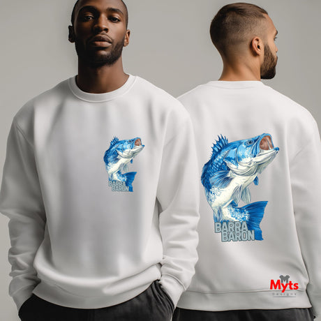 White sweatshirt with fish design on front and back, worn by a person, with 'Myts' brand visible.