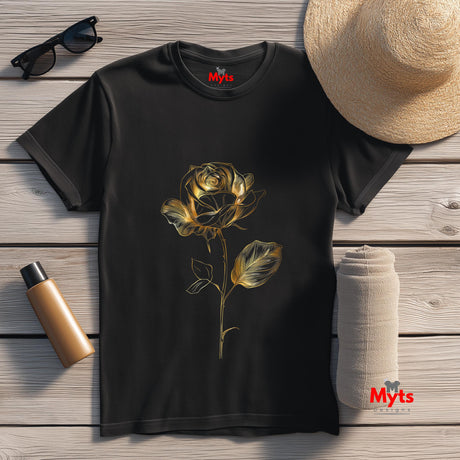 Minimalist gold rose graphic T-shirt with elegant floral line art design on black unisex tee