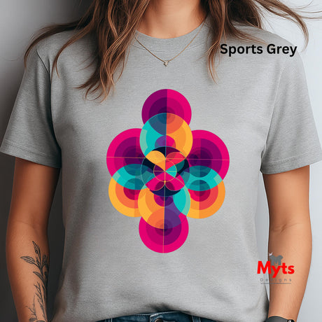 Gray t-shirt with a colorful geometric design and 'Myts' branding.