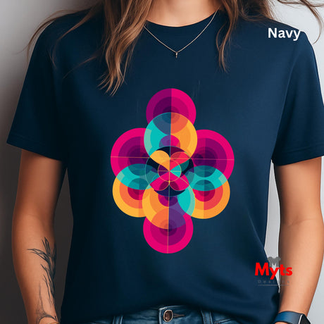Navy t-shirt with a colorful geometric design worn by a person.