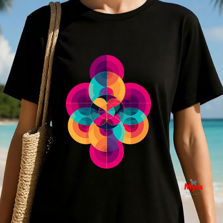 Person wearing a black t-shirt with a colorful geometric design on a beach.