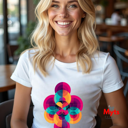 Woman wearing a white t-shirt with a colorful geometric design, sitting in a casual setting.