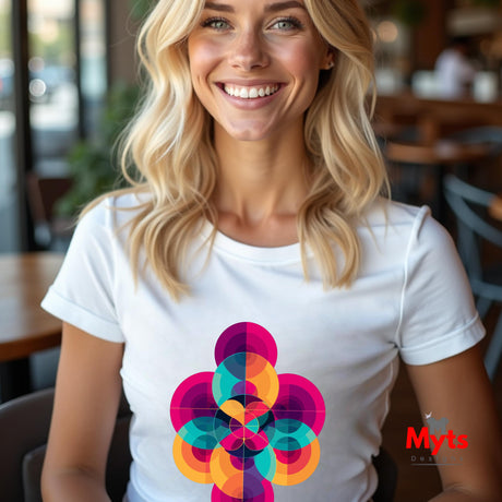 Woman wearing a white t-shirt with a colorful geometric design, sitting in a casual setting.
