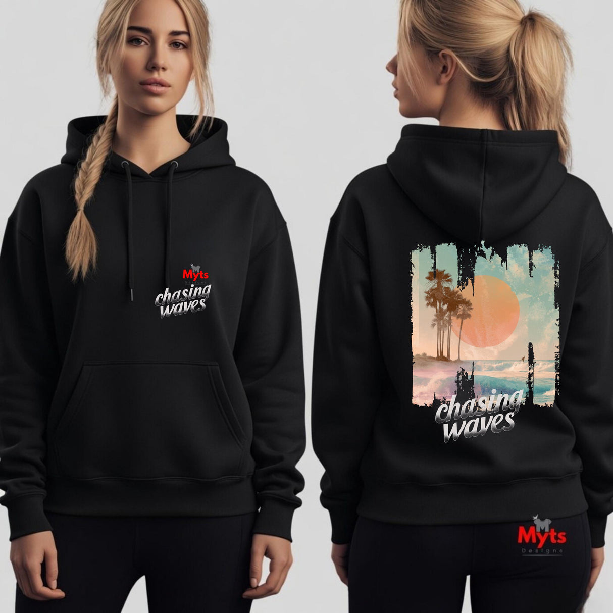 Chasing Waves Surf Hoodie | Retro Back Print | Mytsdesigns