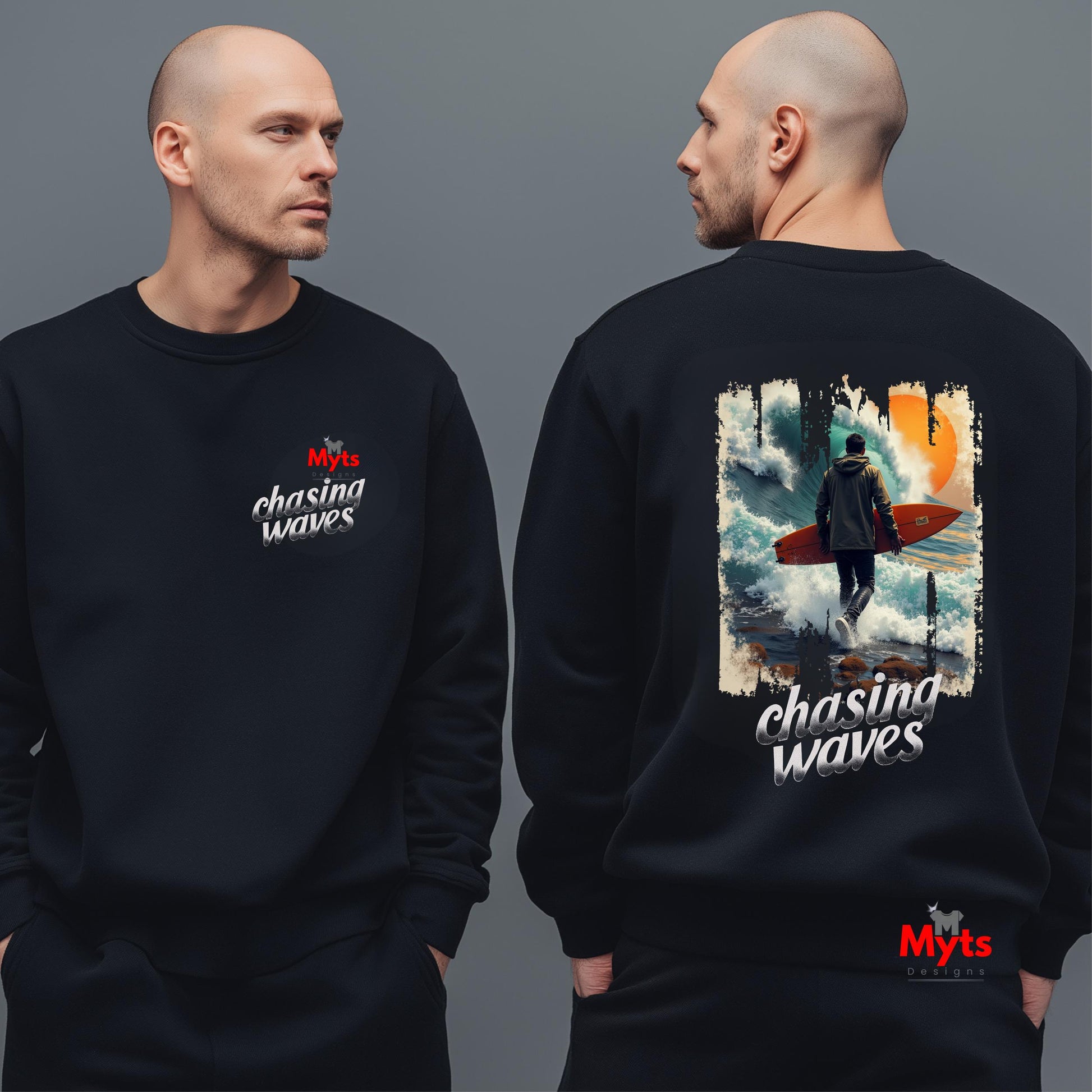 Black sweatshirt with 'chasing waves' design on a gray background