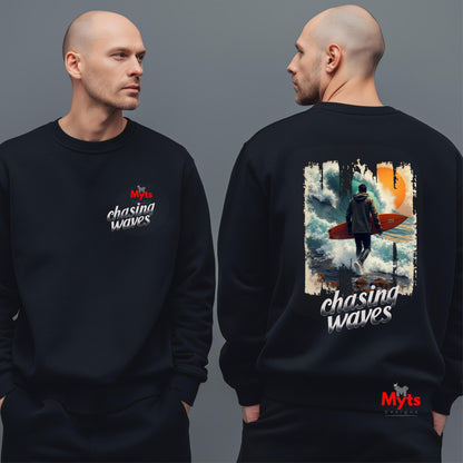 Black sweatshirt with 'chasing waves' design on a gray background