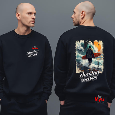 Black sweatshirt with 'chasing waves' design on a gray background