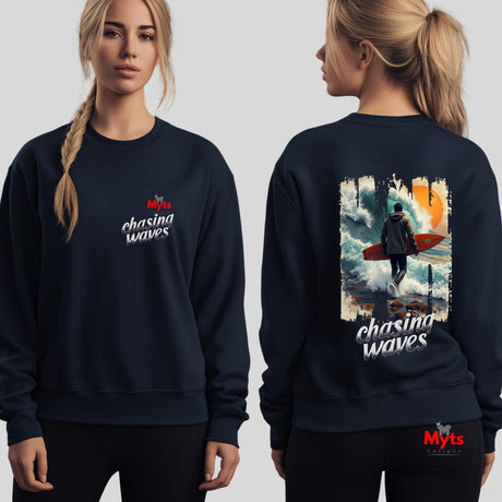 Navy blue sweatshirt with 'chasing waves' design on a plain background