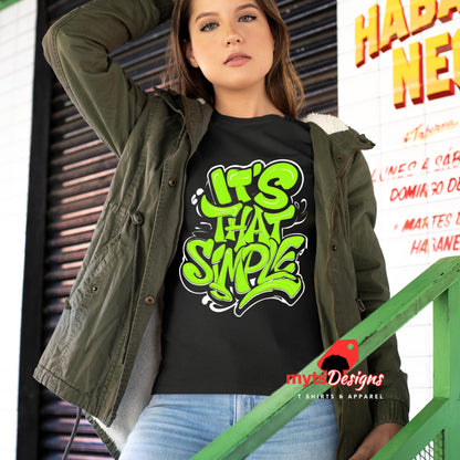 Girl standing on stairs wearing a black T-shirt featuring groovy 60s-style “It’s That Simple” psychedelic text design – printed on soft cotton