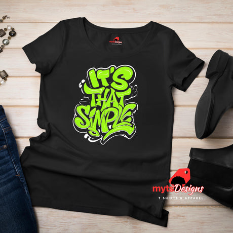 Flat lay view of black T-shirt featuring groovy 60s-style “It’s That Simple” psychedelic text design – printed on soft cotton