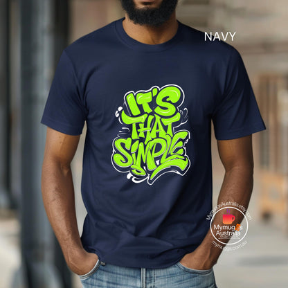 A man wearing a black T-shirt featuring groovy 60s-style “It’s That Simple” psychedelic text design – printed on soft cotton