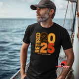 “Black T-shirt with bold retro text ‘Retired 2025 Not My Issue Anymore’ worn by a man on a boat, celebrating retirement in humorous style, from MytsDesigns.com”