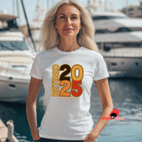 “White T-shirt with bold retro text ‘Retired 2025 Not My Issue Anymore’ worn by a woman on a boat, celebrating retirement in humorous style, from MytsDesigns.com”