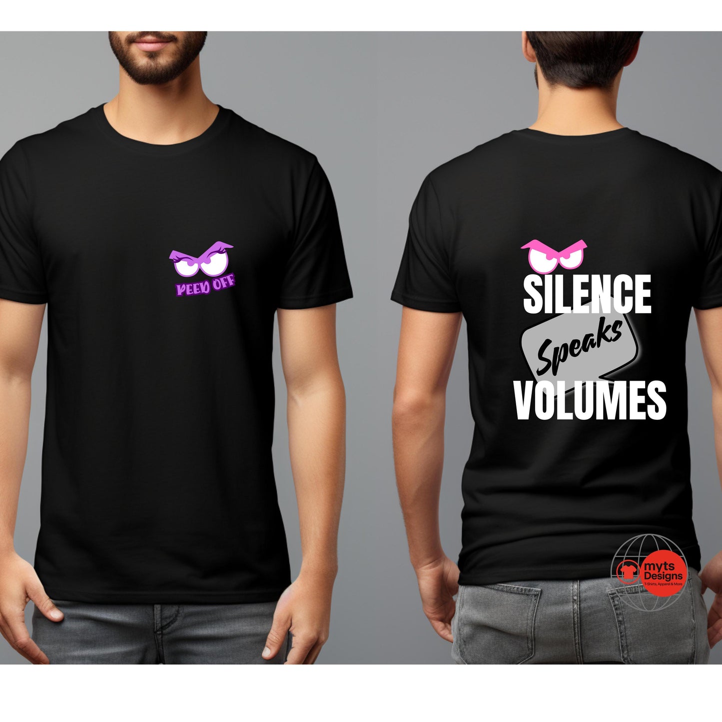 Black t-shirt with graphic design on front and text on back, worn by a person against a gray background.