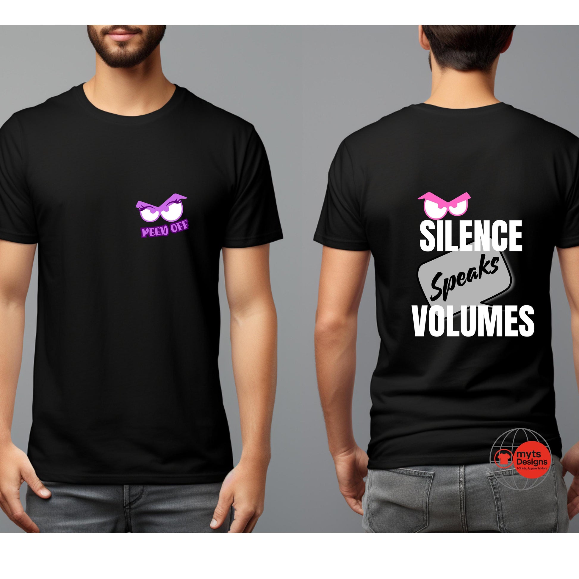 Black t-shirt with graphic design on front and text on back, worn by a person against a gray background.