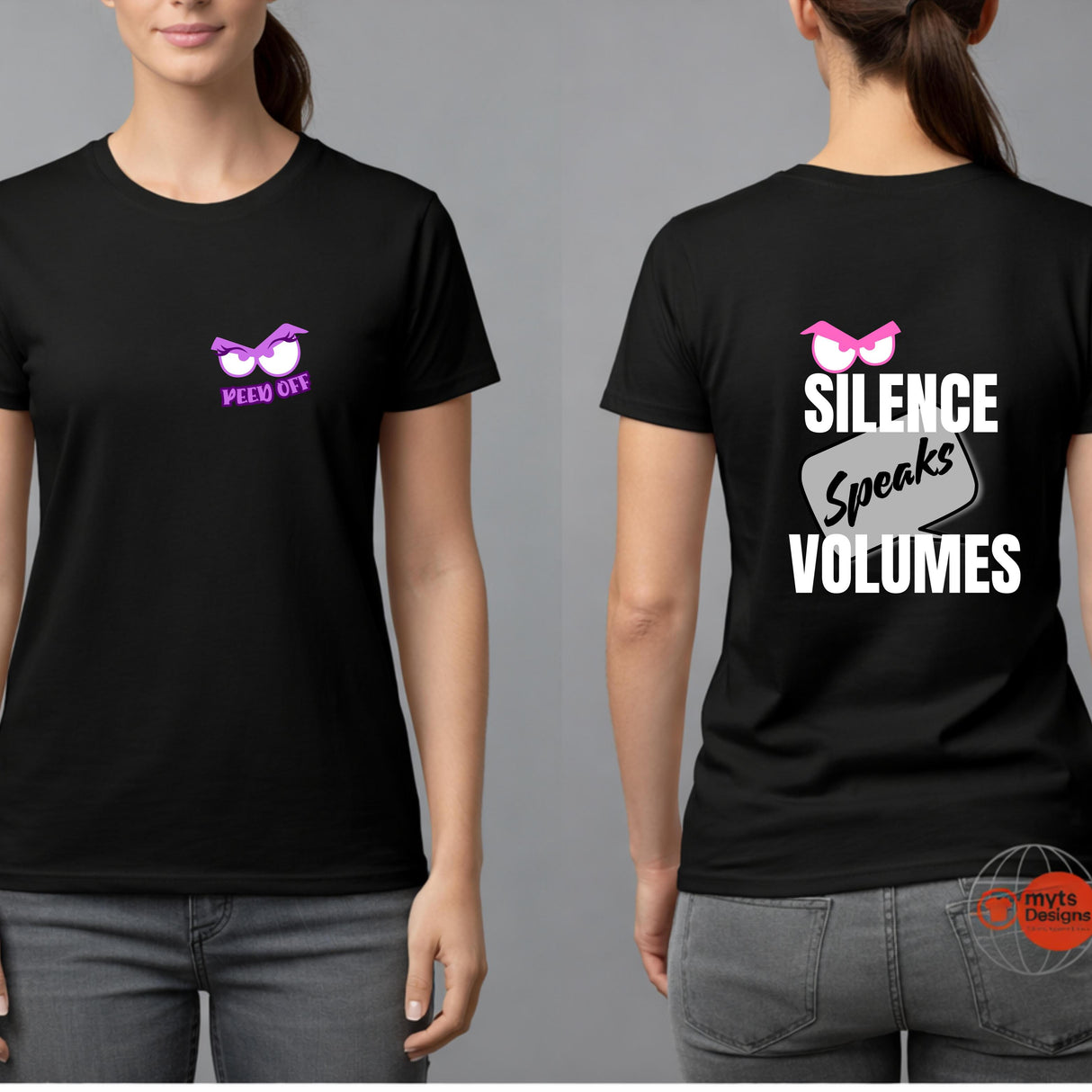 Black t-shirt with graphic design on front and back worn by a person, against a gray background.