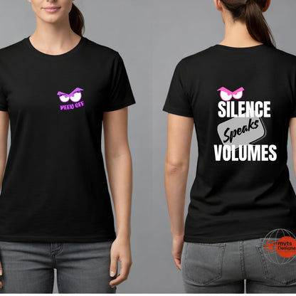 Black t-shirt with graphic design on front and back worn by a person, against a gray background.