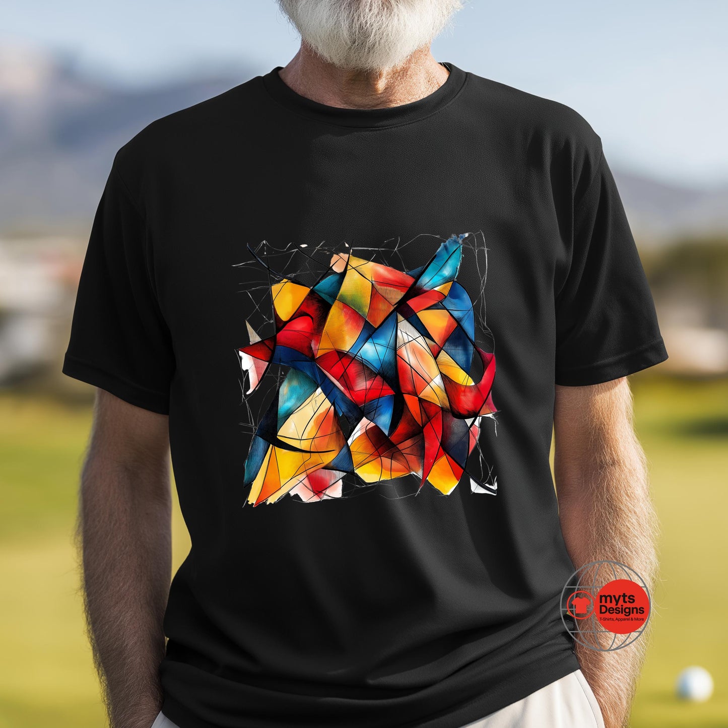 Person wearing a black t-shirt with a colorful abstract design outdoors.