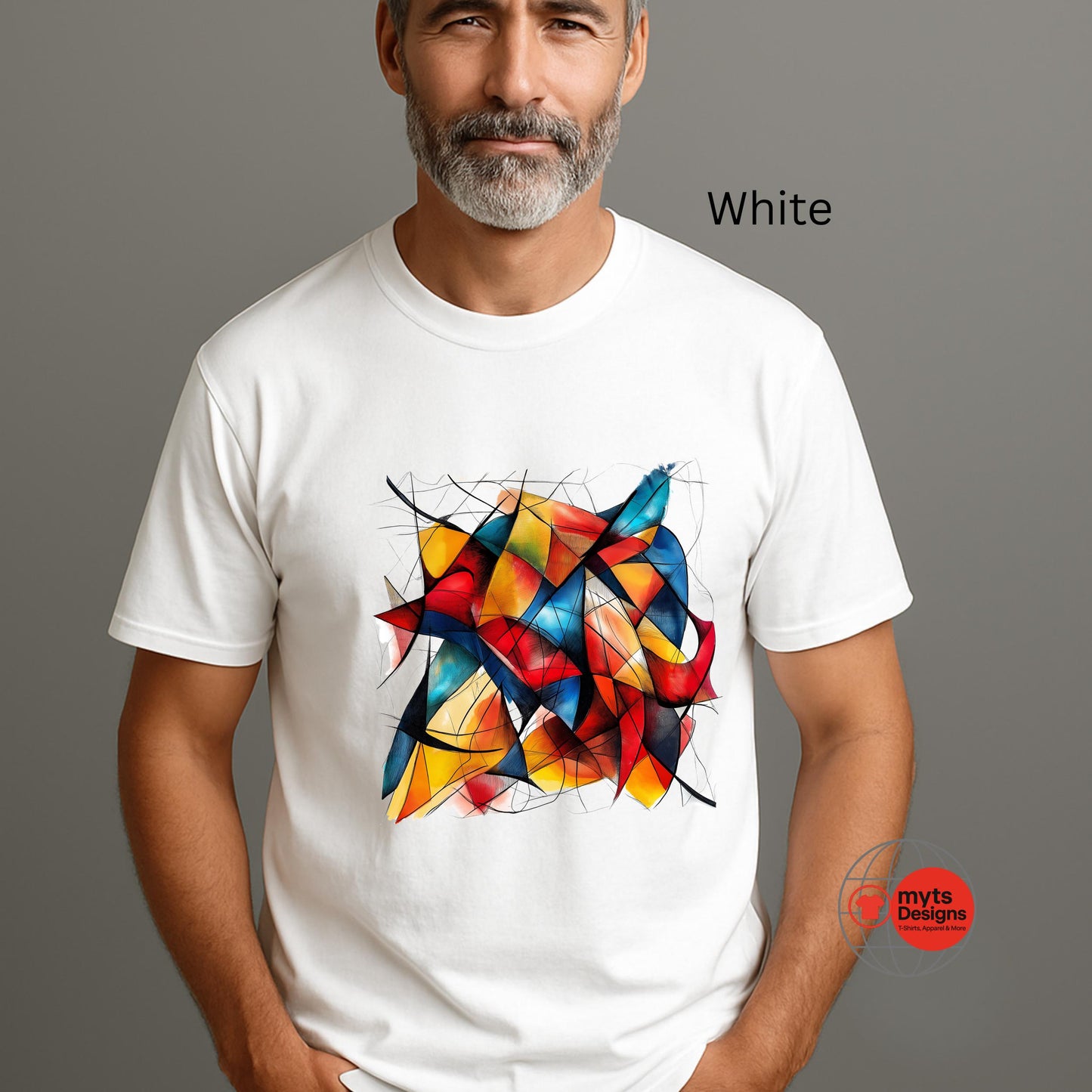 Man wearing a white t-shirt with a colorful abstract design on a gray background