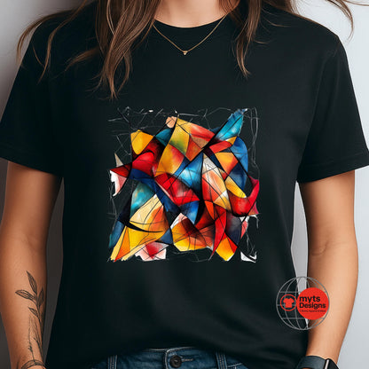 Black t-shirt with a colorful abstract design on a plain background