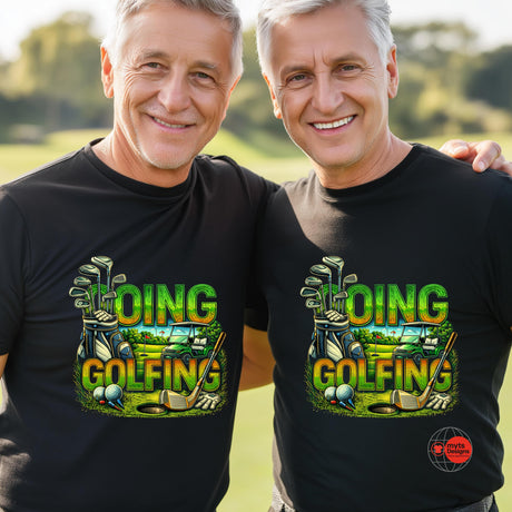 Two men wearing black t-shirts with 'Going Golfing' graphic design on a golf course background.