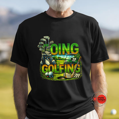 Person wearing a black t-shirt with a colorful golf-themed graphic and text.