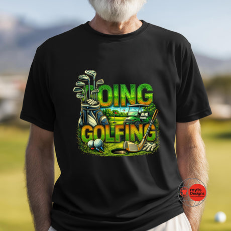 Person wearing a black t-shirt with a colorful golf-themed graphic and text.