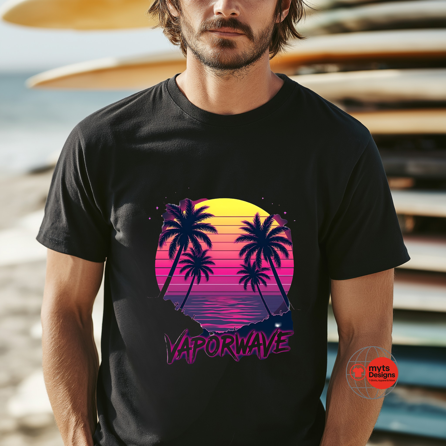 Man wearing a black t-shirt with a vaporwave design featuring palm trees and a sunset.