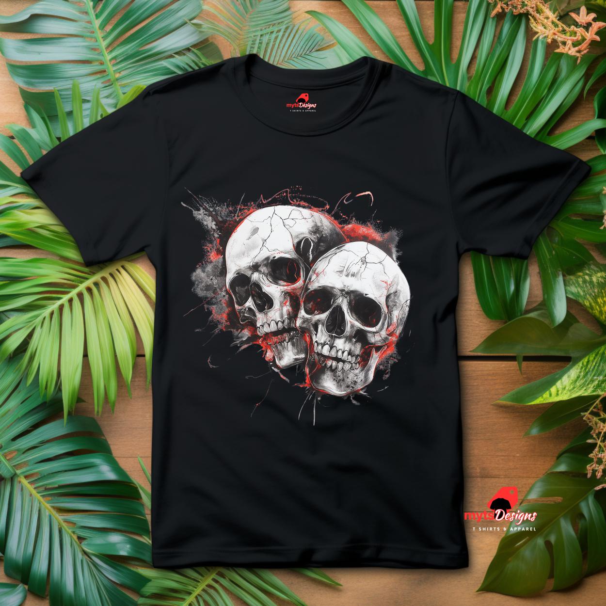 Black t-shirt with skull design on a wooden surface with green leaves