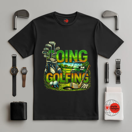 Black t-shirt with 'Going Golfing' graphic design on a gray background with golf-themed accessories.