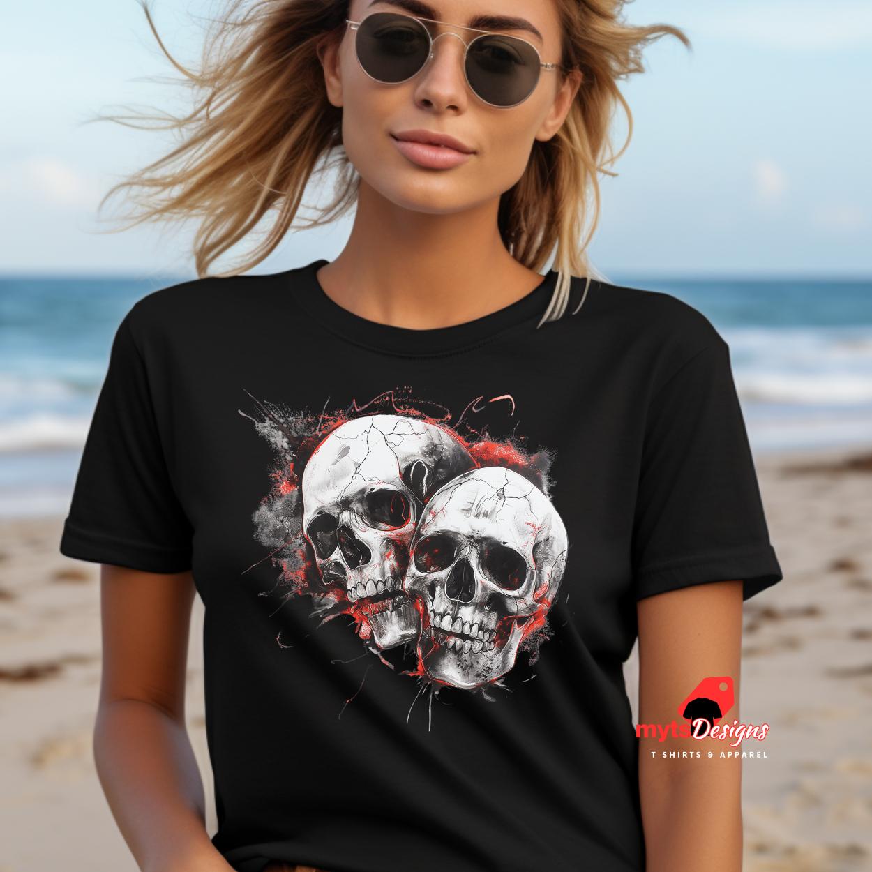 Woman wearing a black t-shirt with skull design on a beach
