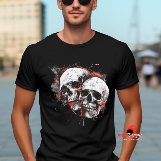 "Black T-shirt with double skull splash art design in white, grey, and red tones worn by a man with blue eyes against a dark background – mytsDesigns apparel."