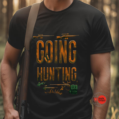 Person wearing a black t-shirt with 'Going Hunting' text and graphics in a forest setting