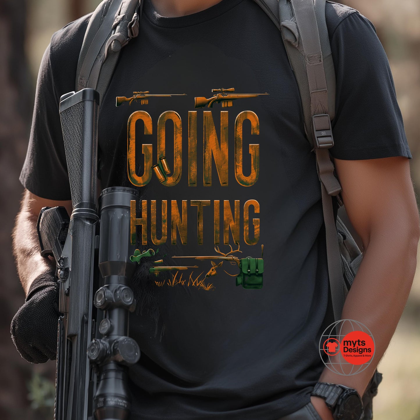 Person wearing a black t-shirt with 'Going Hunting' text and graphics, holding a rifle.