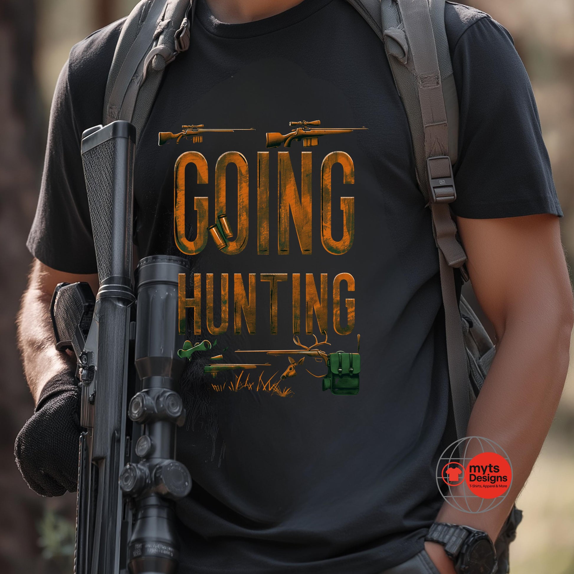 Person wearing a black t-shirt with 'Going Hunting' text and graphics, holding a rifle.