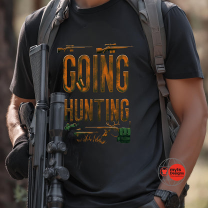 Person wearing a black t-shirt with 'Going Hunting' text and graphics, holding a rifle.