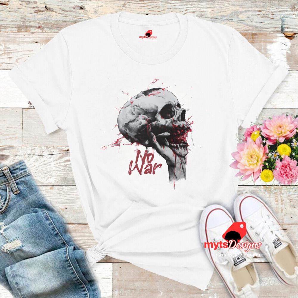 Skull in Hand "No War" T-Shirt - Anti-War Graphic Tee, Protest Apparel, Peace Movement Shirt, Skull Shirts