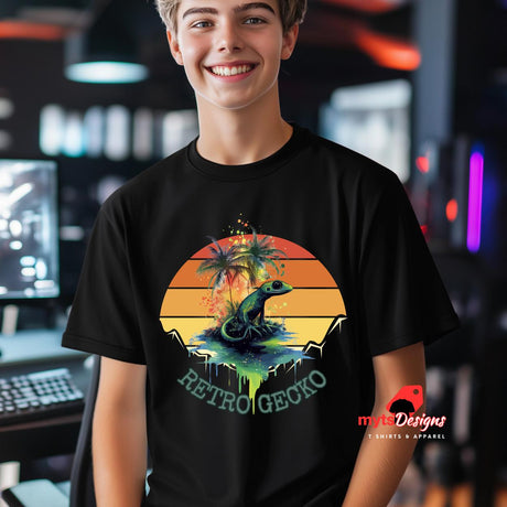 Retro gecko t-shirt with vintage sunset design and tropical lizard graphic on black cotton tee
