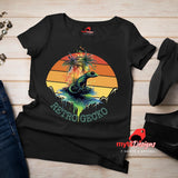 Retro gecko t-shirt with vintage sunset design and tropical lizard graphic on black cotton tee