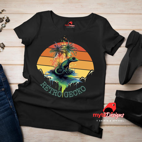 Retro gecko t-shirt with vintage sunset design and tropical lizard graphic on black cotton tee