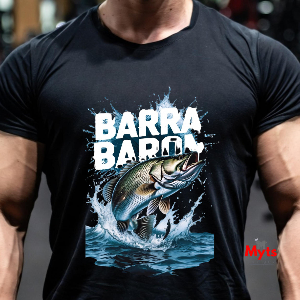 Black t-shirt with 'Barra Baron' graphic design featuring a fish and water splash.