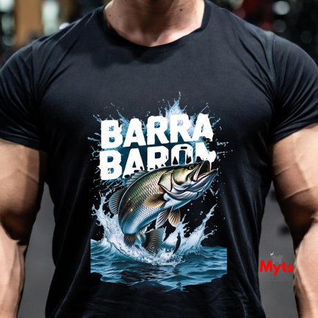 Black t-shirt with 'Barra Baron' graphic design featuring a fish and water splash.