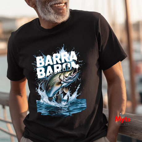 Person wearing a black t-shirt with a fish graphic and 'BARRA BARRA' text.