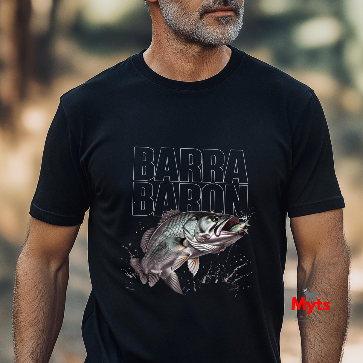Barra Baron Fishing T-Shirt – Barramundi Striking Prey Graphic Men’s Black Tee