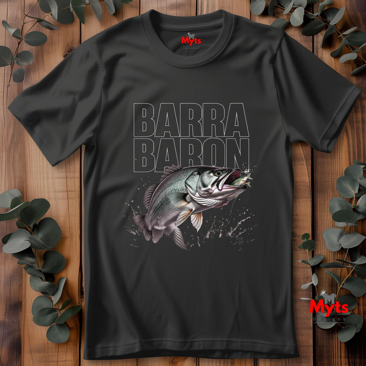 Barra Baron Fishing T-Shirt – Barramundi Striking Prey Graphic Men’s Black Tee