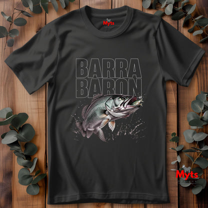 Barra Baron Fishing T-Shirt – Barramundi Striking Prey Graphic Men’s Black Tee