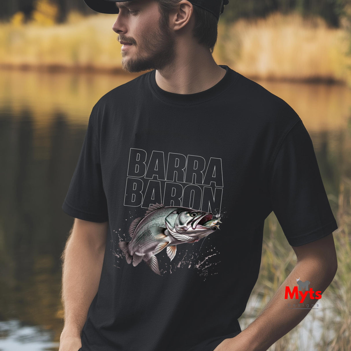 Barra Baron Fishing T-Shirt – Barramundi Striking Prey Graphic Men’s Black Tee