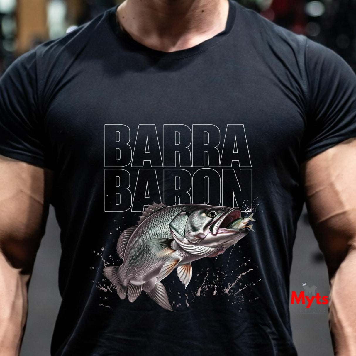 Barra Baron Fishing T-Shirt – Barramundi Striking Prey Graphic Men’s Black Tee