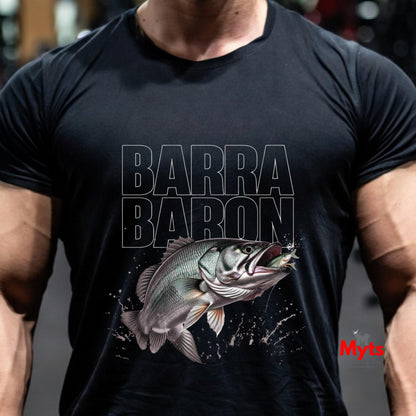 Barra Baron Fishing T-Shirt – Barramundi Striking Prey Graphic Men’s Black Tee